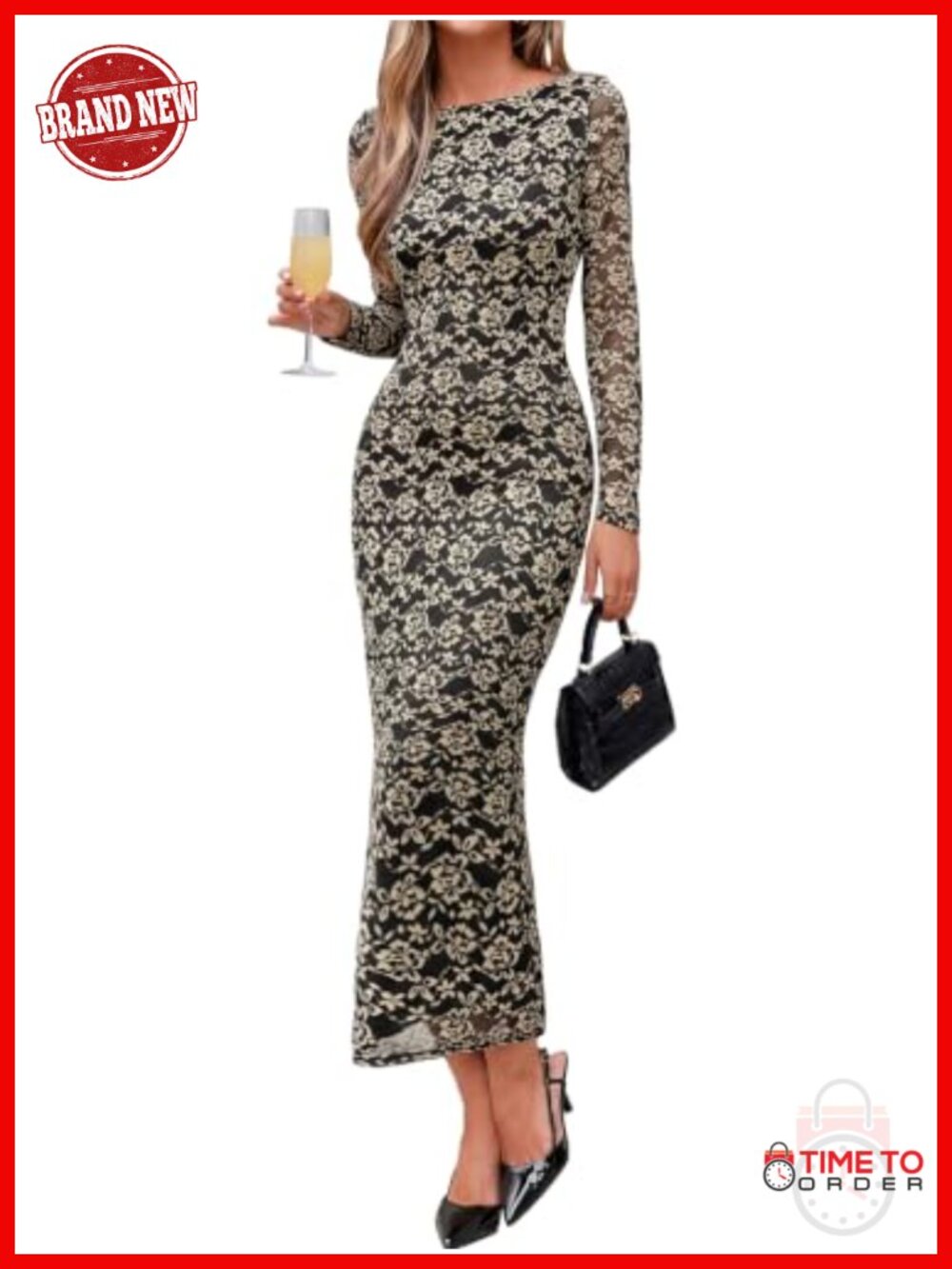 Womens Lace Long Sleeve Bodycon Maxi Dress Wedding Guest Semi Formal